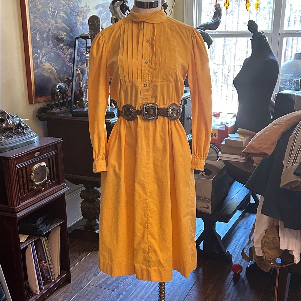 Vintage Sz 6 Nell Flowers Western Yellow Corduroy Midi Dress Pleated Bodice GVC